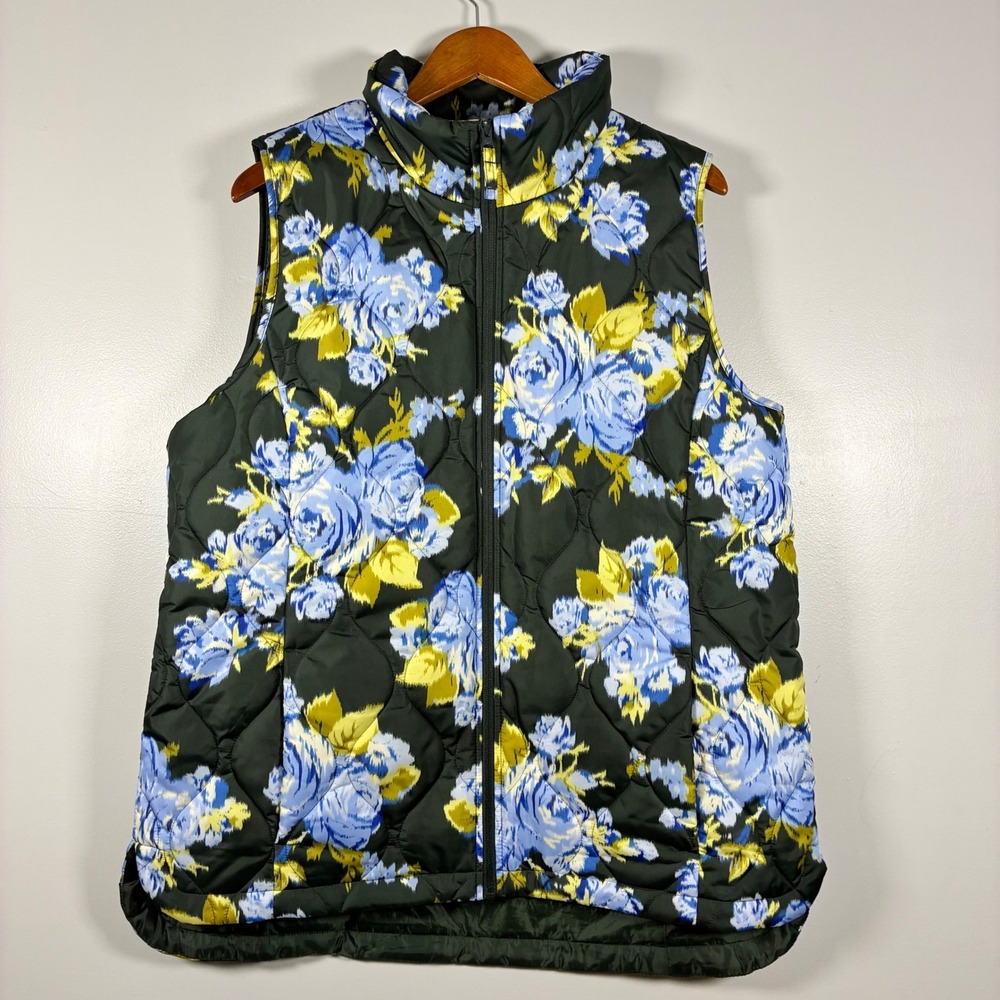 Lands End Puffer Vest L/T Floral Rose Full Zip Quilted Layer Winter Fall Outdoor